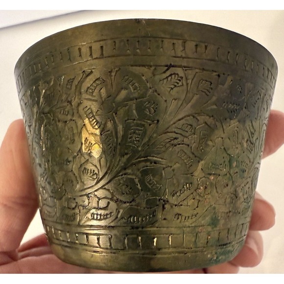 Vtg Brass Lassi Cup-Etched-Likely From India-Diameter 3 3/8"-Height 2.25"-Wt 7oz - Picture 9 of 16